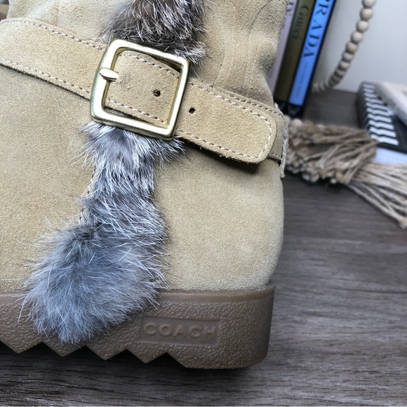 COACH Deeann Rabbit Fur Trim Camel/Tan Suede Leather Buckle Detail Long Boots 7 - Picture 6 of 9